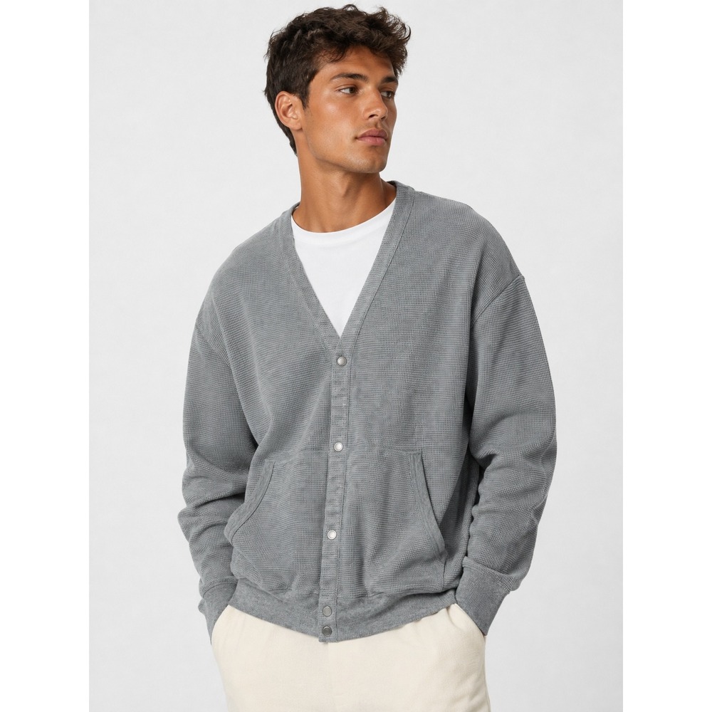 Reigning Champ Gray Waffle Knit Snap Button Cardigan Sweater Minimalist L